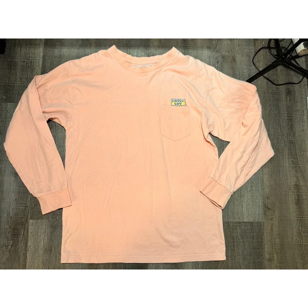 Dutch Bros Coffee Mens Medium Peach Pink Long Sleeve Pocket Tee Stay You Graphic